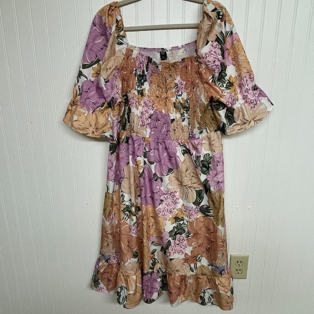 Shein Curve Allover Floral Print Shirred Smocked Dress Sz 3X Rodeo Festival